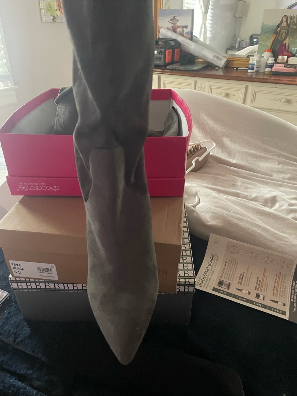 Tall Pointed Toe Knee-High Boot in Taupe Suede